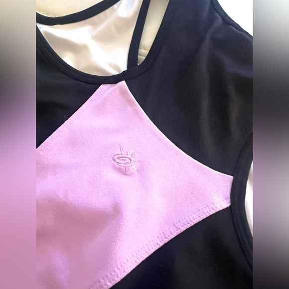 Black and Purple Sport Bra V-Neck Colorblocks Mesh Raceback - Picture 6 of 7